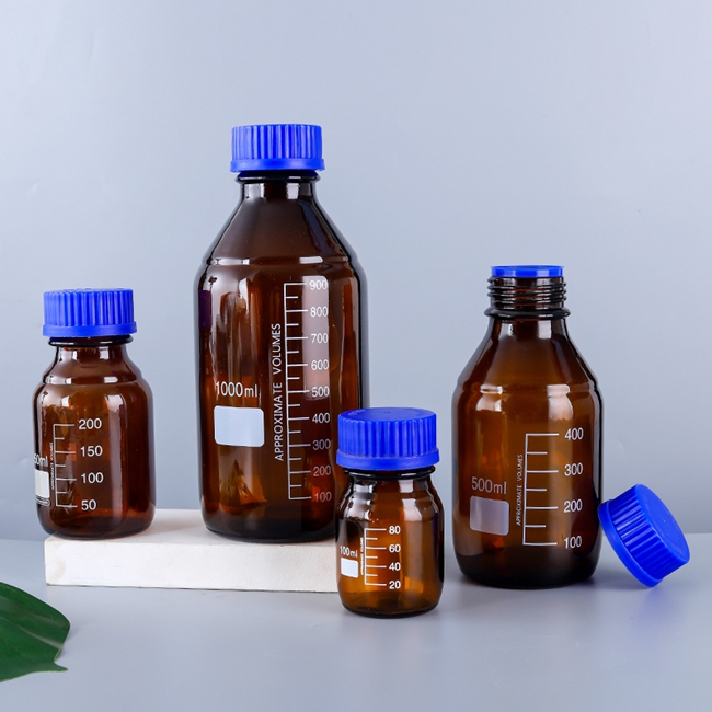 Manufacturer's 250ml Laboratory Reagent Bottle With Round Bottom GL45 Blue Screw Cap Pill Storage Custom Logo Screen Printing