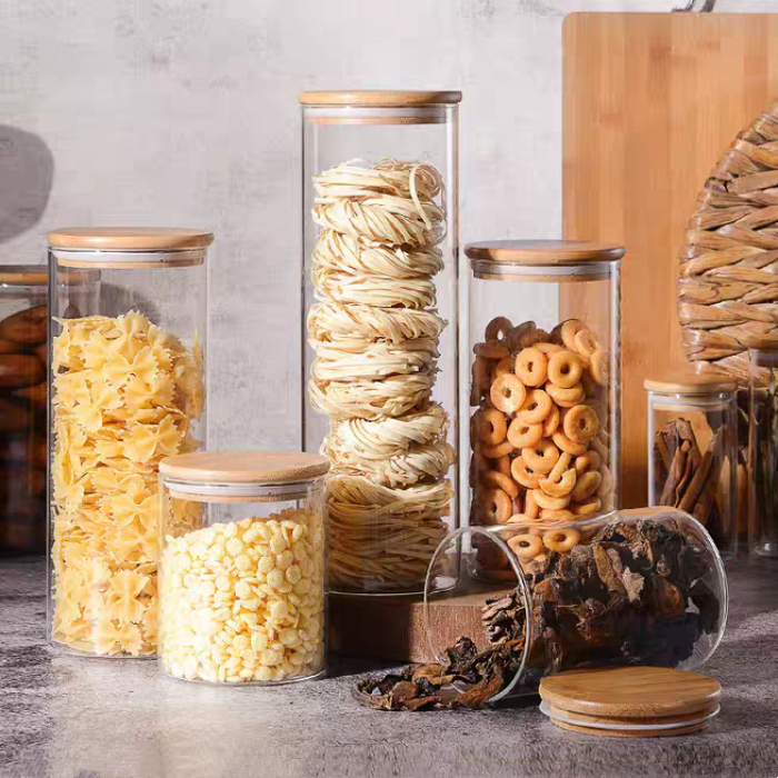 Round High Borosilicate Kitchen Glass Storage Jar Food Coffee Spices Container Bottles Jar With Bamboo Wooden Lid