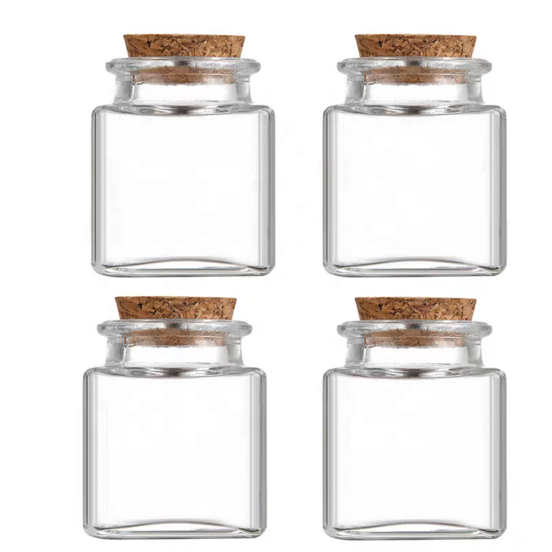 Small clear Glass square Jars with Cork Set of  90 ml with Cork  3oz Tiny Square Glass Jars