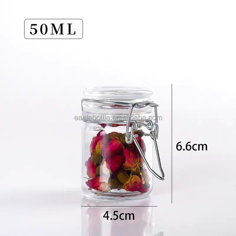 Small Kitchen 1.6oz 50ml Airtight Glass Food Spice Jars 50ml Recycled Round Storage Bottles Pickles Jar with Clip Lids