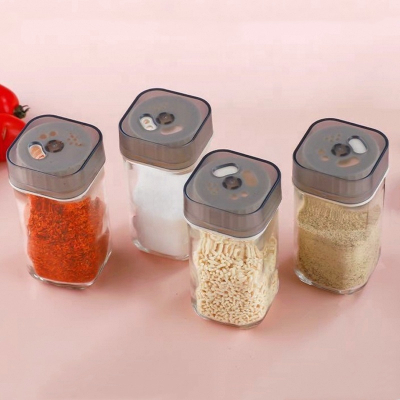 Three Holes Square Rotating Condiment Jar Spice Jar Chili Salt Glass Storage Jar Glass Storage Bottle