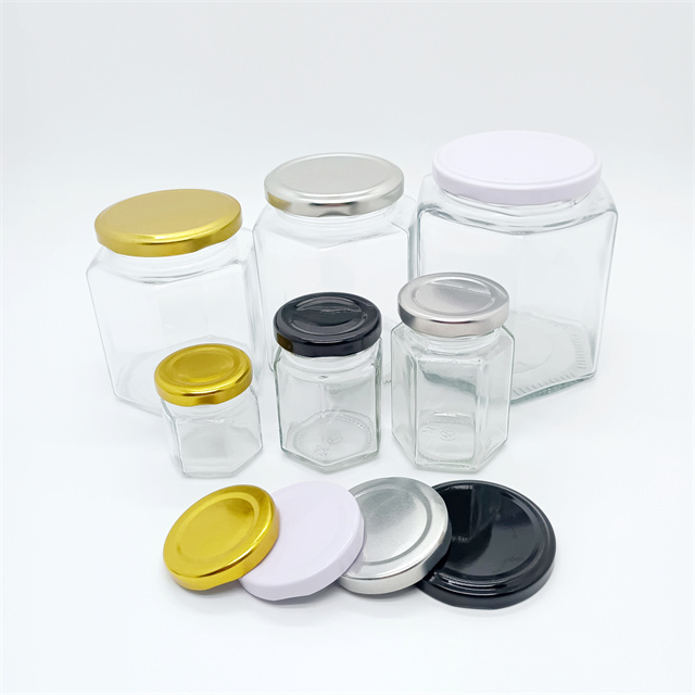 1.5oz 2oz 45ml 60ml Hexagonal Honey Storage Glass Spcie Jar With Metal Lids