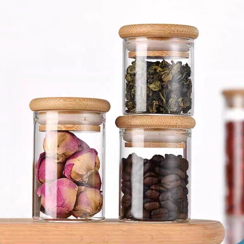High Borosilicate Glass Tube Jar Round clear Airtight Glass Food Storage & Container With Narual Wooden Lid