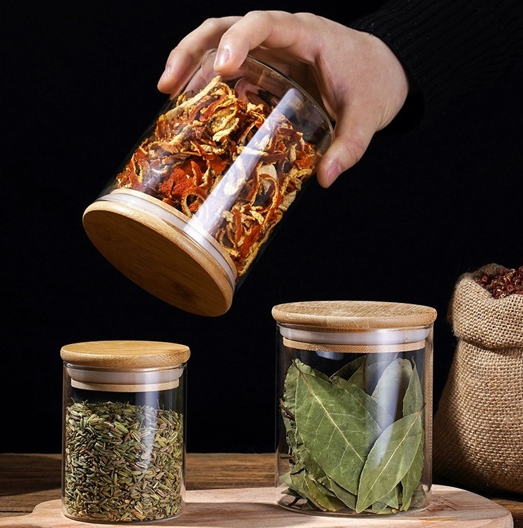 Kitchen Storage Glass Jars Set Spice Container Bottles With Bamboo Bottle Stackable Kitchen Canisters for Candy Cookie