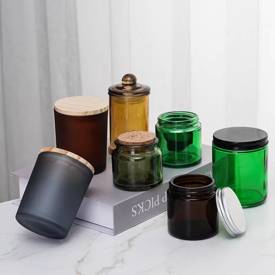 Hot Sell  Recyclable Frosted Amber Green Grey Candle Glass Jar 150ml 350ml Holder for Scented Candles With Lid