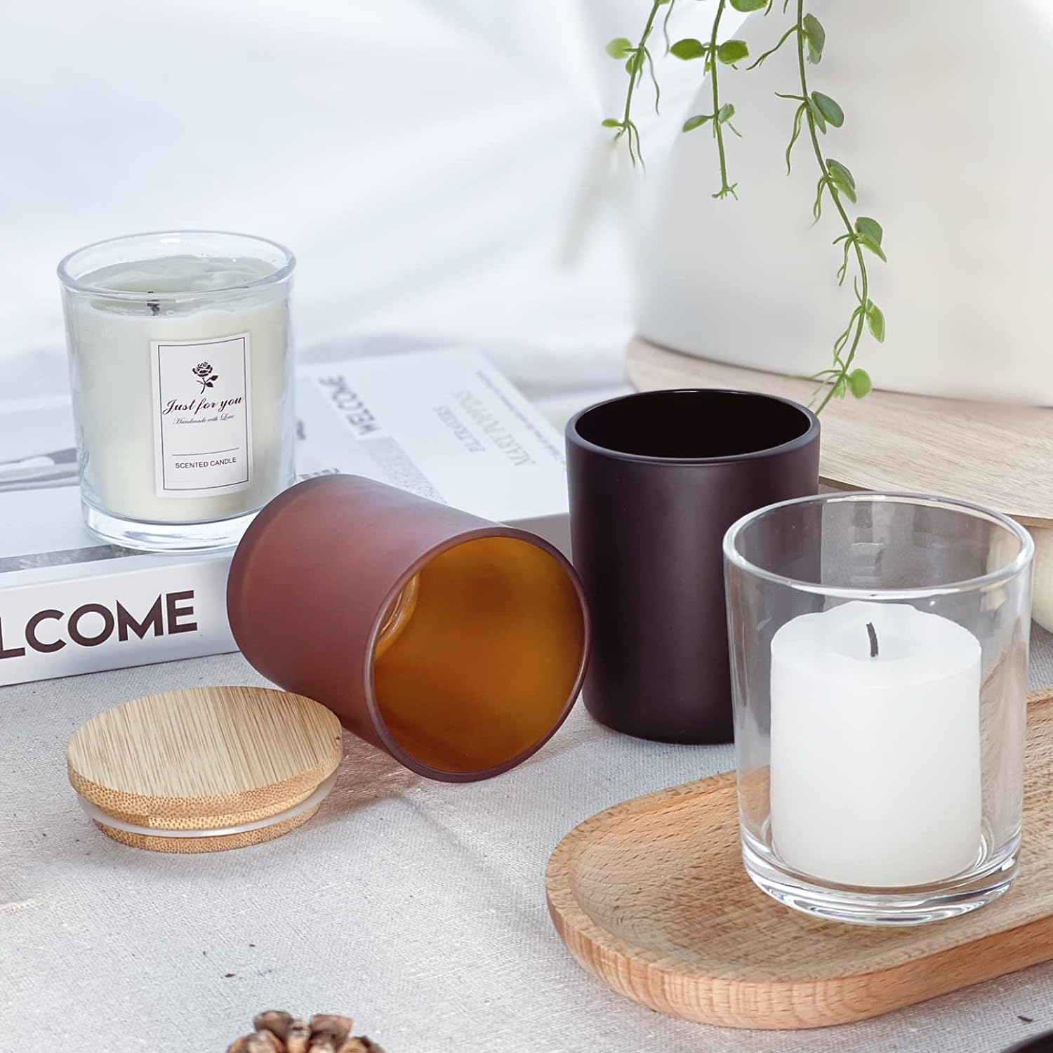 Wholesale Transparent White Black Matte Empty 8 Oz 10 Oz 14 Oz Wide Mouth Glass Wax Candle Jar With Wooden Cork Lid