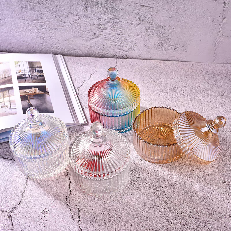 8oz 16oz Empty Custom Luxury Recyclable Ribbed Glass Candle Jar With Glass Lid
