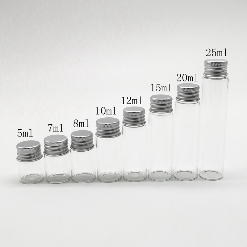 MIni Glass Tube 5ml 10ml 15ml 20ml 25ml 30ml 50ml 60ml 100ml 120ml clear Glass Storage Vial Bottle With Aluminium Screw Cap