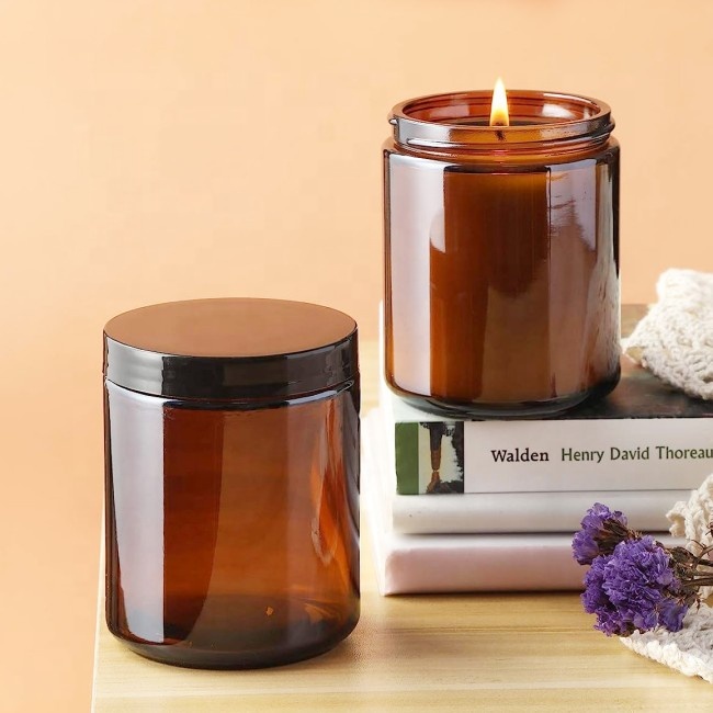 8oz 9 Oz Amber Glass Straight-sided Round Jar With 70-400 Black Metal Lid