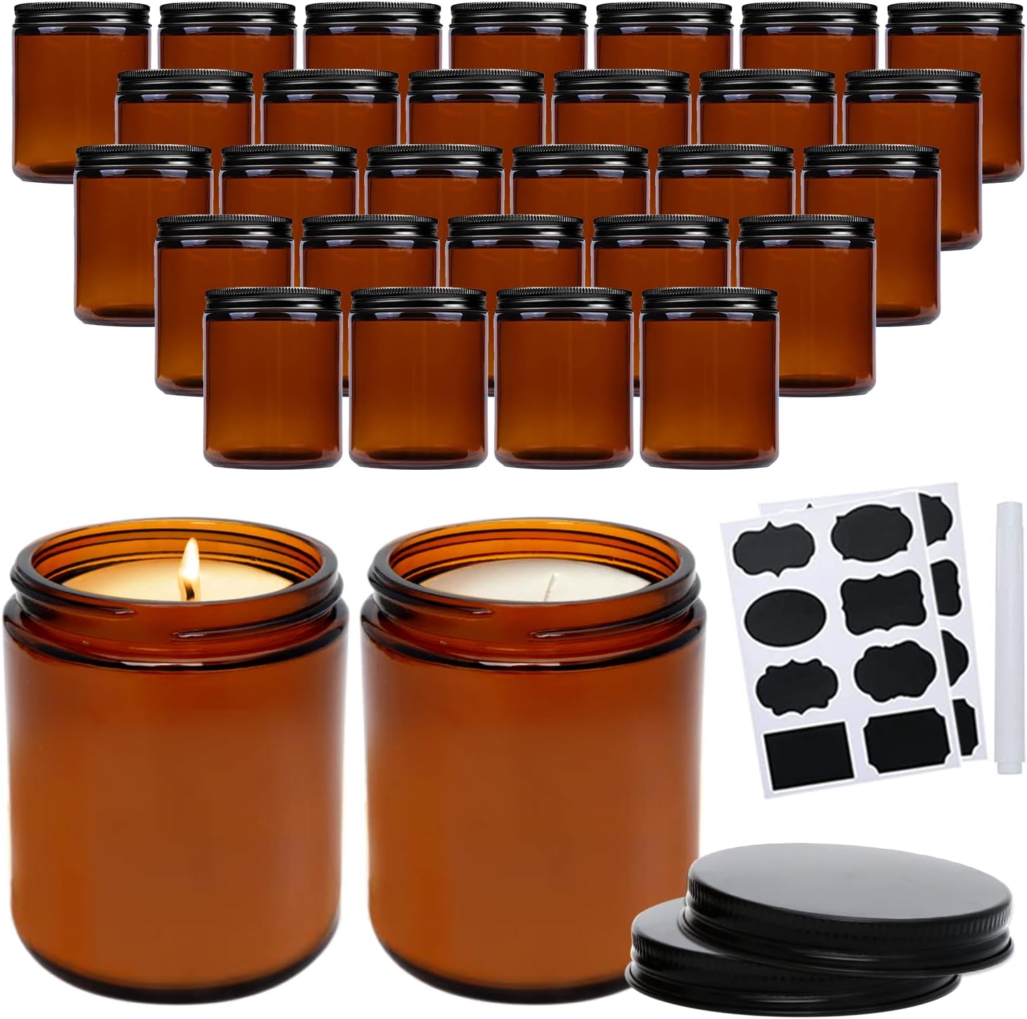 8 OZ Thick Amber Round Glass Jar With Black Metal Lid for Candle Making Food Storage Containers for Chemical Use