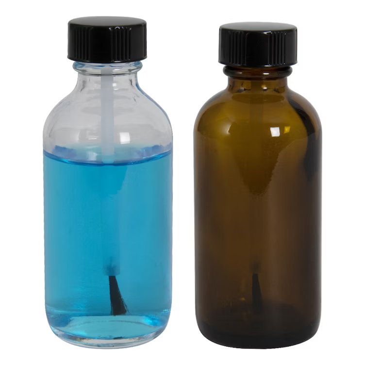 1/2oz 1oz 2oz 4oz Clear Glass Boston Round Bottles With Black Phenolic Pe Lined Brush Caps