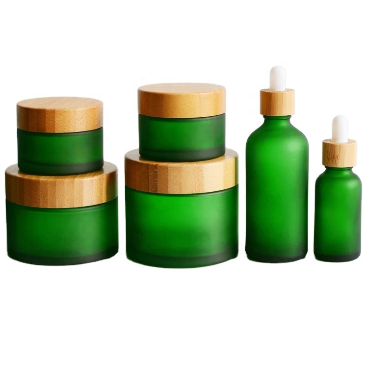 Green Frosted Round 30g 50g 150g Glass Cream Jar With Bamboo Lid 5ml 10ml 30ml 50ml 100ml Dropper Bottle Cosmetic Container