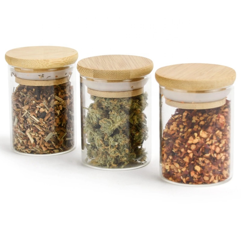 Factory Storage Child-Resistant Airtight Borosilicate Clear Glass Jars Bamboo Lid Stash Jars for Food Storage New Glass Bottles