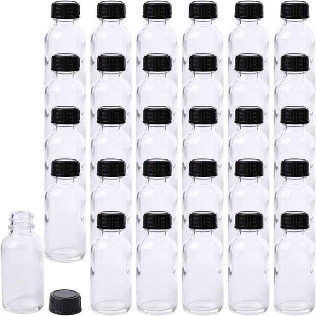 2oz 60ml Clear Boston Round Shots Glass Bottles Small Black Empty With Lids Custom Logo for Liquid Ginger