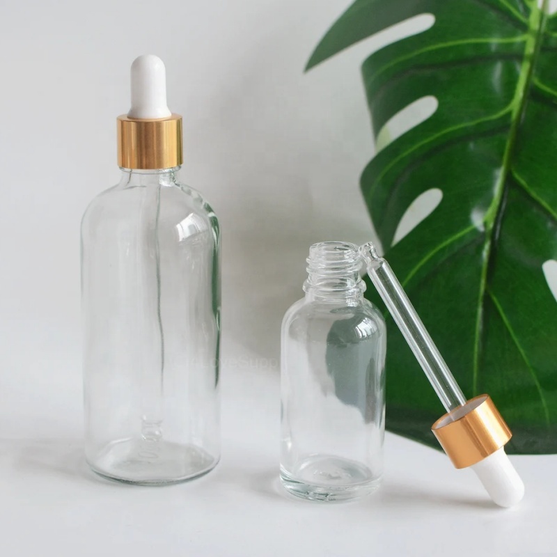 5ml-100ml Empty Clear Glass Essential Oil Dropper Bottles in Gold Cap, Aromatherapy Hair Oil Dropper, Cosmetics Wholesale