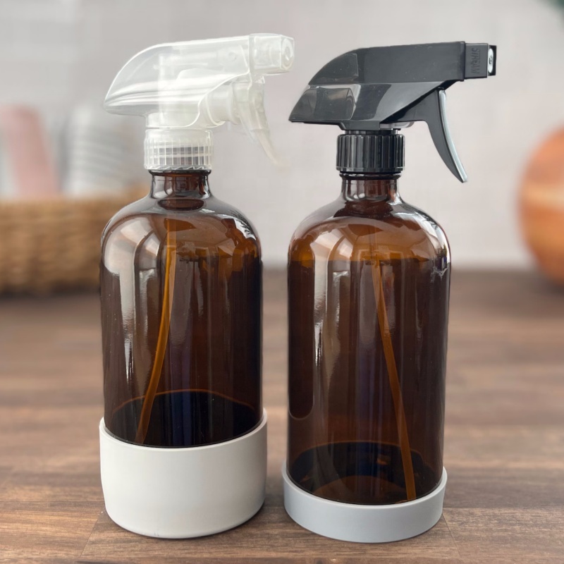250ml 500ml 16oz Empty Boston Round Amber Room Glass Spray Bottle With Trigger Sprayer and Silicone Sleeve for Cleaning
