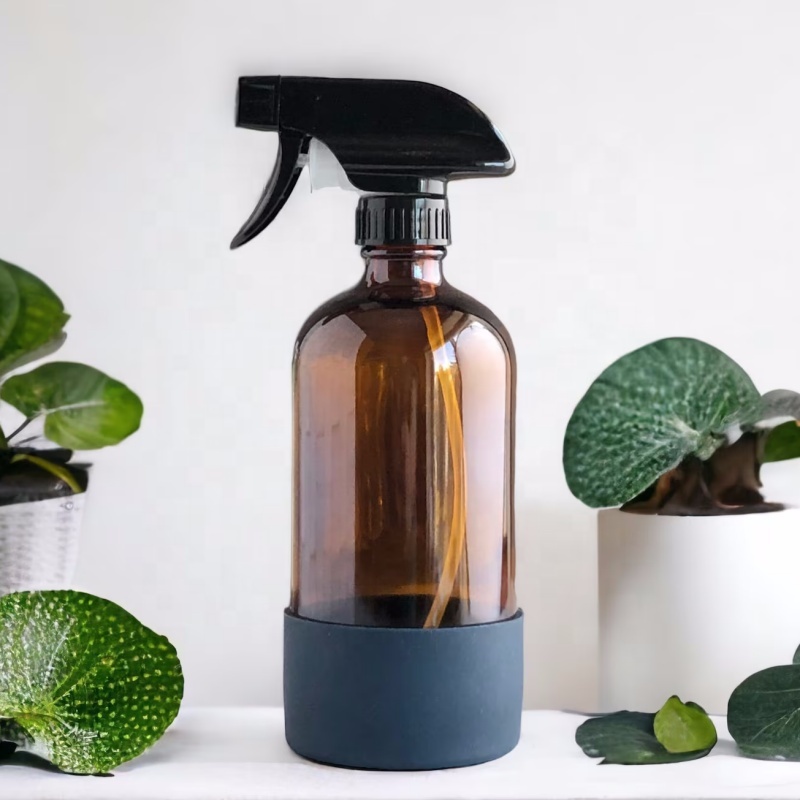 16 oz Amber Glass Spray Boston Bottle With Custom Colorful Protective Silicone Sleeve for Bathroom or Kitchen