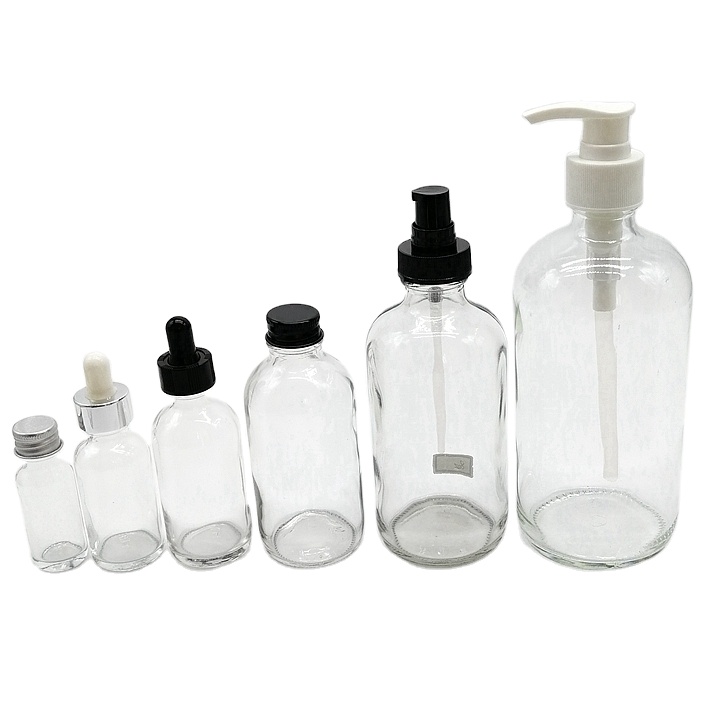 250ml 500ml 750ml Custom Color Blue Boston Round clear Glass Shampoo Bottles With Aluminum Cap Matte Surface Handling Empty