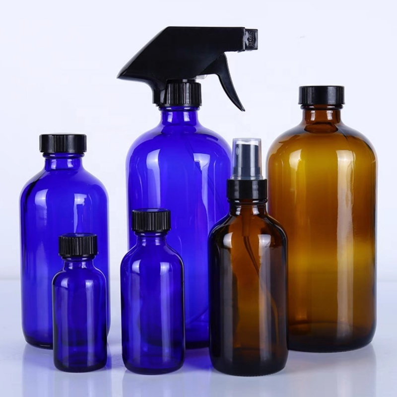 Wholesale Empty Amber Blue Clear Boston Round1oz 2oz 4oz 8oz Refillable Brown Glass Bottle With Pump