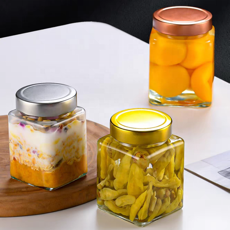 100ml 200ml 280ml 380ml 500ml 730ml Recycled Empty Square Honey Jar Glass Food Storage Packaging Glass Food Jars for Jam Honey