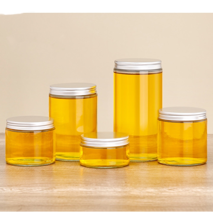 Wholesale Food Container Clear Glass Honey Storage Jar With Silver Gold Screw Metal Cap 250ml 500ml Straight Sided Glass Jars
