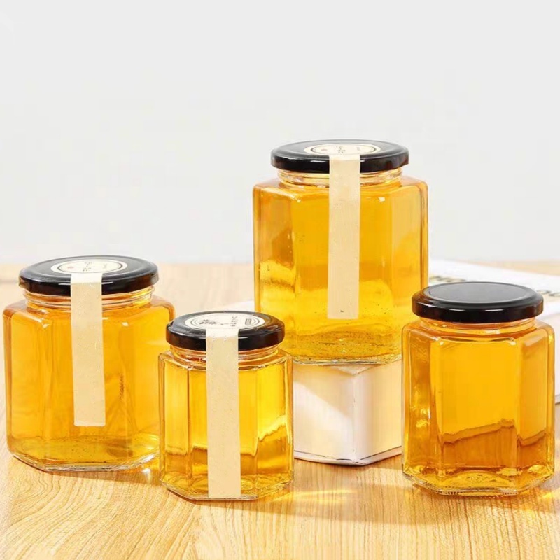Manufacturer Fancy Storage Bottle Hexagonal Glass Honey Jam Jar With Tinplate Lid