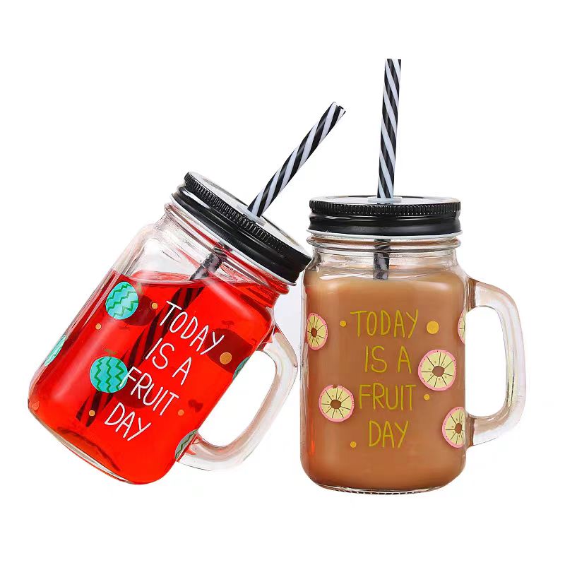 Custom Logo Mason Cup 480ml Glass Wide Mouth Mason Jar With Handles Stainless Steel Straws and Lids