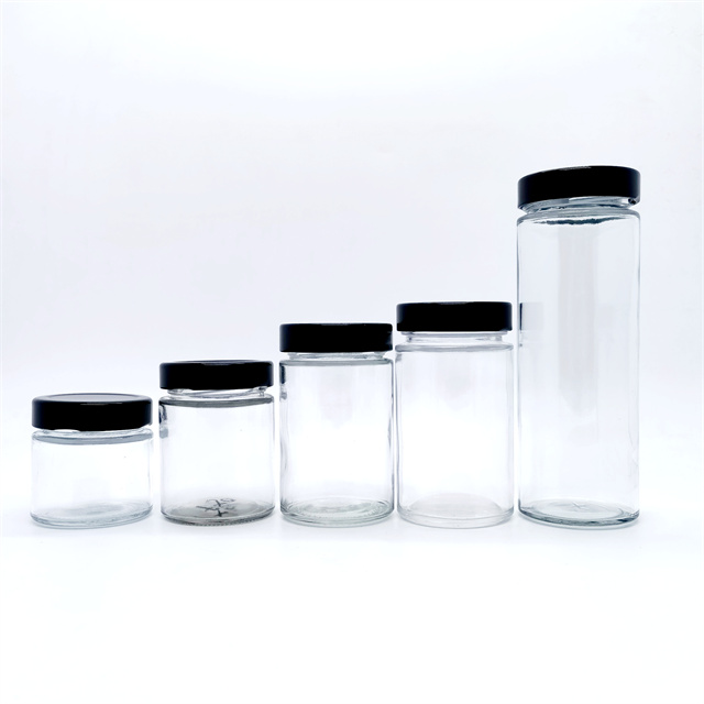Eco Friendly 70ml 100ml 150ml 250ml 300ml 500ml Honey Spice Pudding Jar Round Glass Food Storage Jar With Black Metal Screw Lid