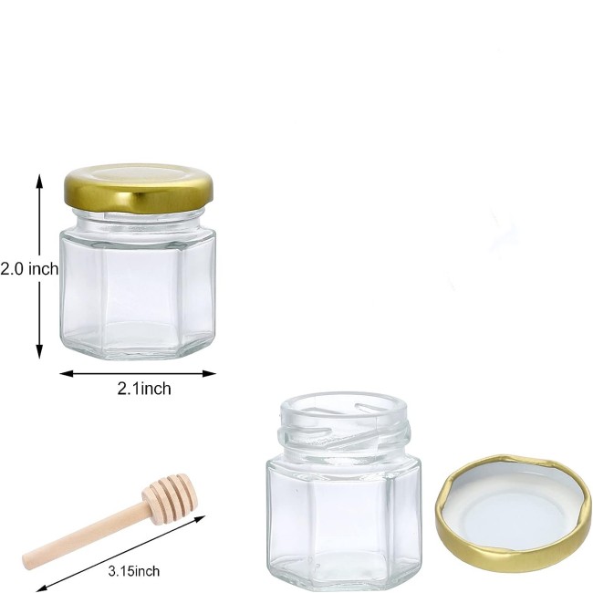 Mini 1.5 oz Hexagon Glass Mason Jars Golden Lids Wooden Dipper Decorative Wedding Party Favors Honey Storage Screw Cap Carton
