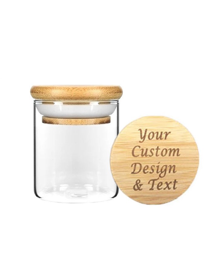 8oz 10oz  Wood Suction Lid Food Storage Dry Flower Pre Roll Candy Spice Glass Jar Container with Bamboo Cap