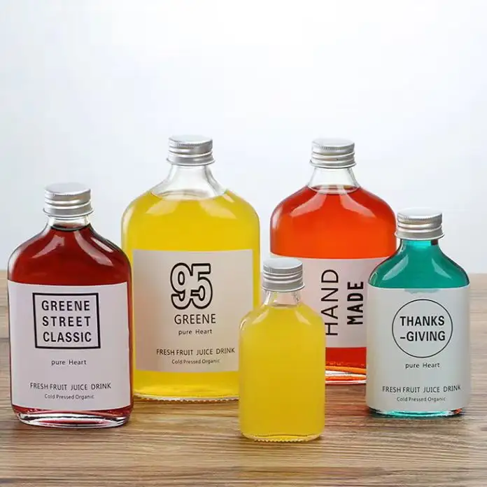 Hot Sale 100ml 200ml 350ml 500ml Flat Square Clear Cold Liquor Beverage Juice Coffee Wine Glass Flask Bottle With Aluminum Cap