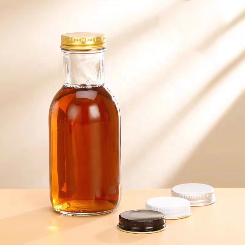 Empty 8oz 12oz 16oz Sauce Volume Transparent Flint Glass Bottle for Juice Beverage With Airtight Plastic Aluminum Cap