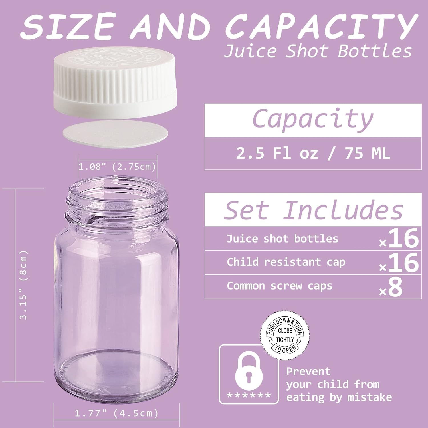 2 oz Glass Shot Bottles W/ White Lids - Small Clear Jar for Ginger, Wellness Shot, Juice, Sample, Whiskey - Travel Mini Bottles