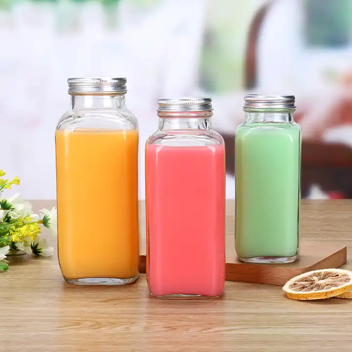 Small Glass Shots 2oz 60ml French Square Glass Juice Bottle With Plastic Screw Lid for Cold Pressed Juice Flavor Testing