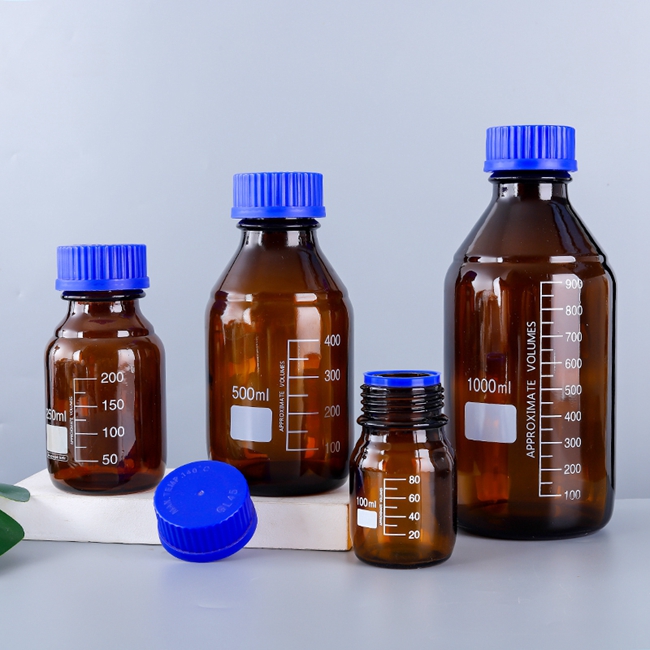 Manufacturer's 250ml Laboratory Reagent Bottle With Round Bottom GL45 Blue Screw Cap Pill Storage Custom Logo Screen Printing