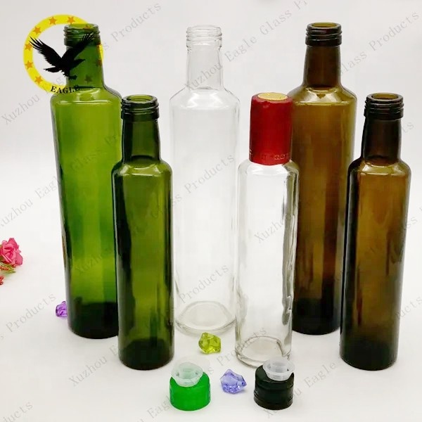 Popular Custom 250ml 500ml 750ml Dark Green Glass Cooking Olive Oil Empty Bottles with Seal Plastic Lids