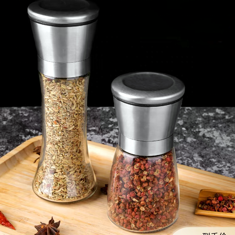 150ml 180ml Glass Bottle Salt and Pepper Mill Ceramic Spice Grinder for Black Pepper and Sea Salt with Stainless Steel