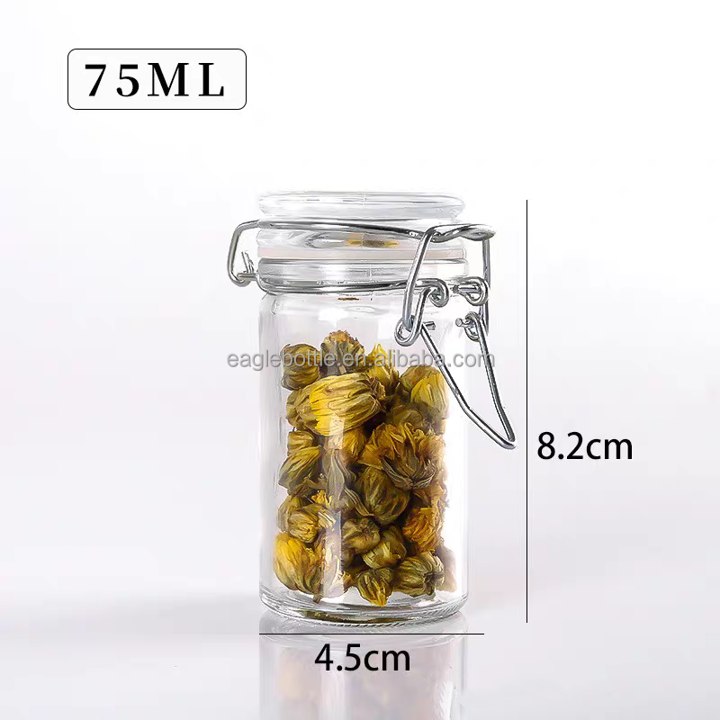 Small Kitchen 1.6oz 50ml Airtight Glass Food Spice Jars 50ml Recycled Round Storage Bottles Pickles Jar with Clip Lids