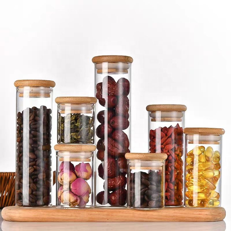 47Mm Round Straight Borosilicate Glass Jar Free Sample Food Storage Jar With Bamboo Lid Kitchen Dried Fruit Storage Jar