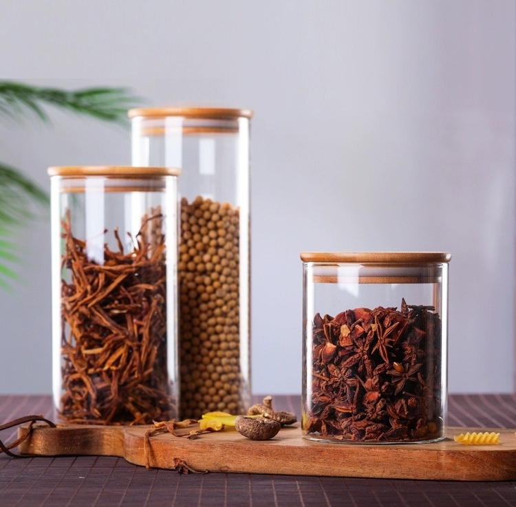 Wholesale Tea Glass Jar With Bamboo Lid Candy Bulk Airtight Clear Kitchen Food Storage Containers
