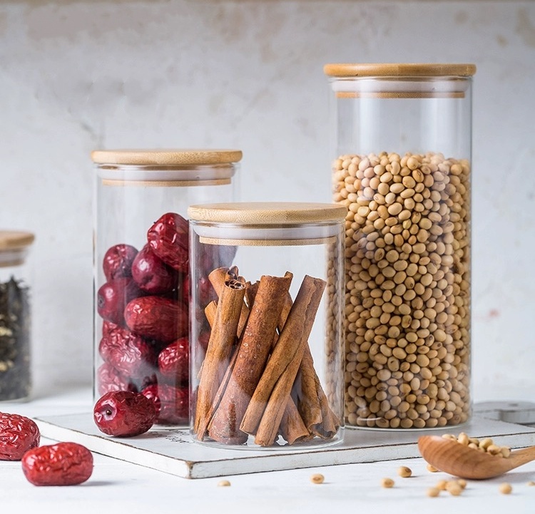 Customized Wholesale Borosilicate Glass Food Storage Jars Glass Canisters Bamboo Container Bamboo Lid Glass Jars