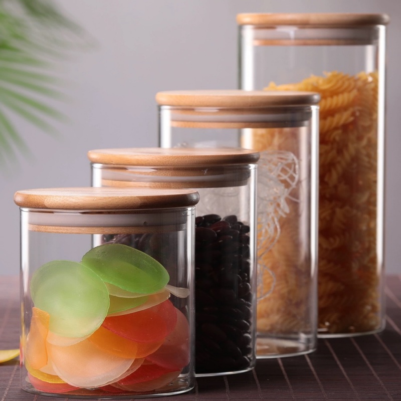 Hot Sale Kitchen Storage Glass Jar With Bamboo Wood Lid Glass Bottles With Lid Container