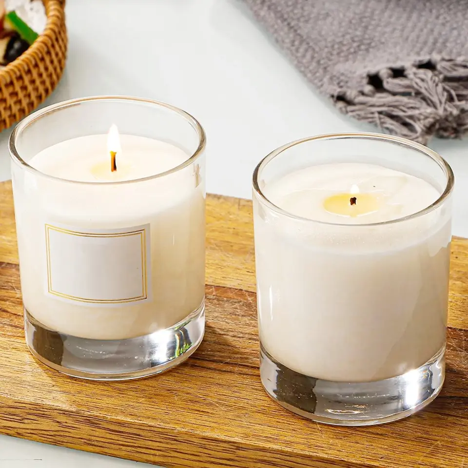 Private Label Transparent Thick-walled Curved Base 5oz 9oz 12oz Glass Candle Jar for Home Decoration With Wooden Lid