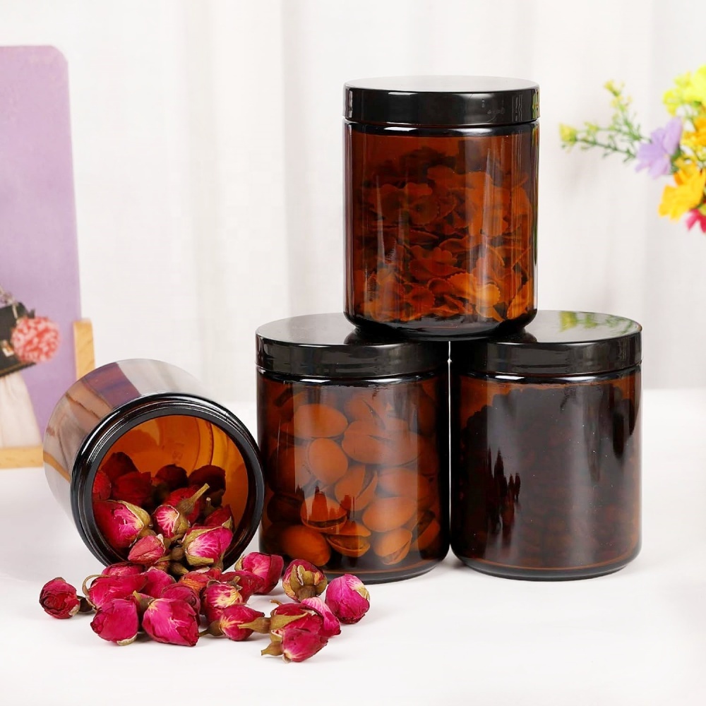 8oz 9 Oz Amber Glass Straight-sided Round Jar With 70-400 Black Metal Lid