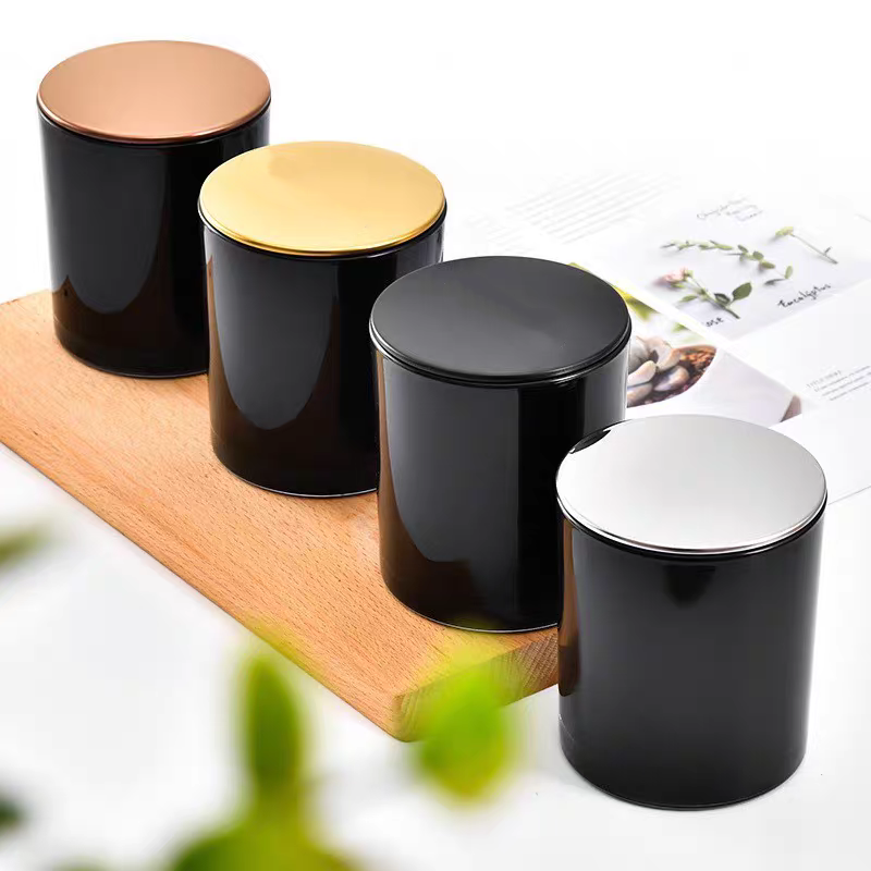 Customized Logo  Luxury Matte Black Empty Glass Candle Containers Candle Jars With Metal Lid for Candle Making