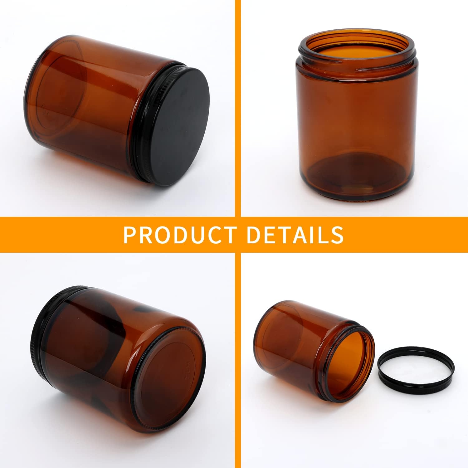 8 OZ Thick Amber Round Glass Jar With Black Metal Lid for Candle Making Food Storage Containers for Chemical Use