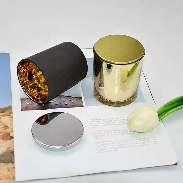Luxury Frosted Glass Candle Har with Electroplated Metal Lid Empty Aromatherapy Candle Holder Container for Candle Making
