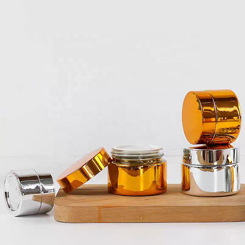 Luxury Shiny Cosmetic Container Body Butter Facial Eye Cream 50ml Round Sliver Gold Glass Jar With Lid