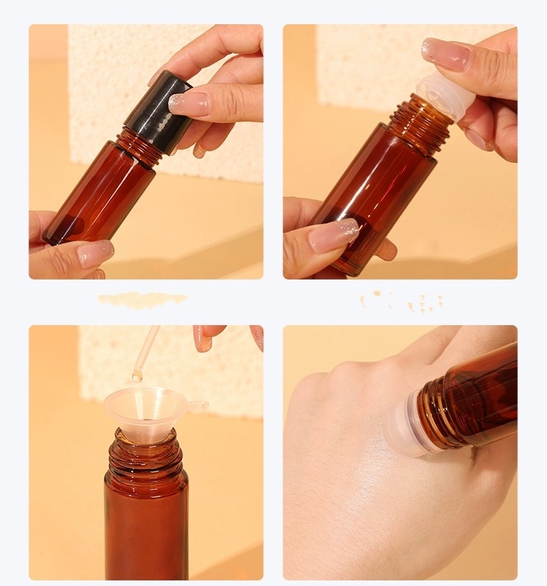 Wholesale Empty Essential Oil Perfume Oil 30ml 50ml Clear Blue Amber Roll on Glass Bottle With Steel Roller Ball