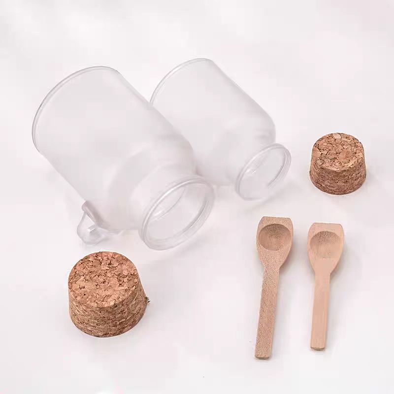 Wholesale Frost ABS Plastic Bath Salt Container Powder Jar With Wood Spoon and Cork Lid 100ml 200ML 300ML for Cosmetic Packaging